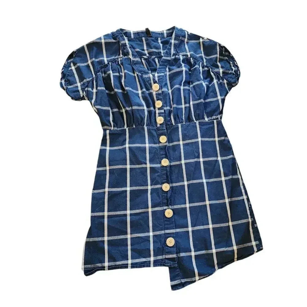 Zara TRF Women's Size M Blue Plaid Button Up Shirtdress Uneven Hem